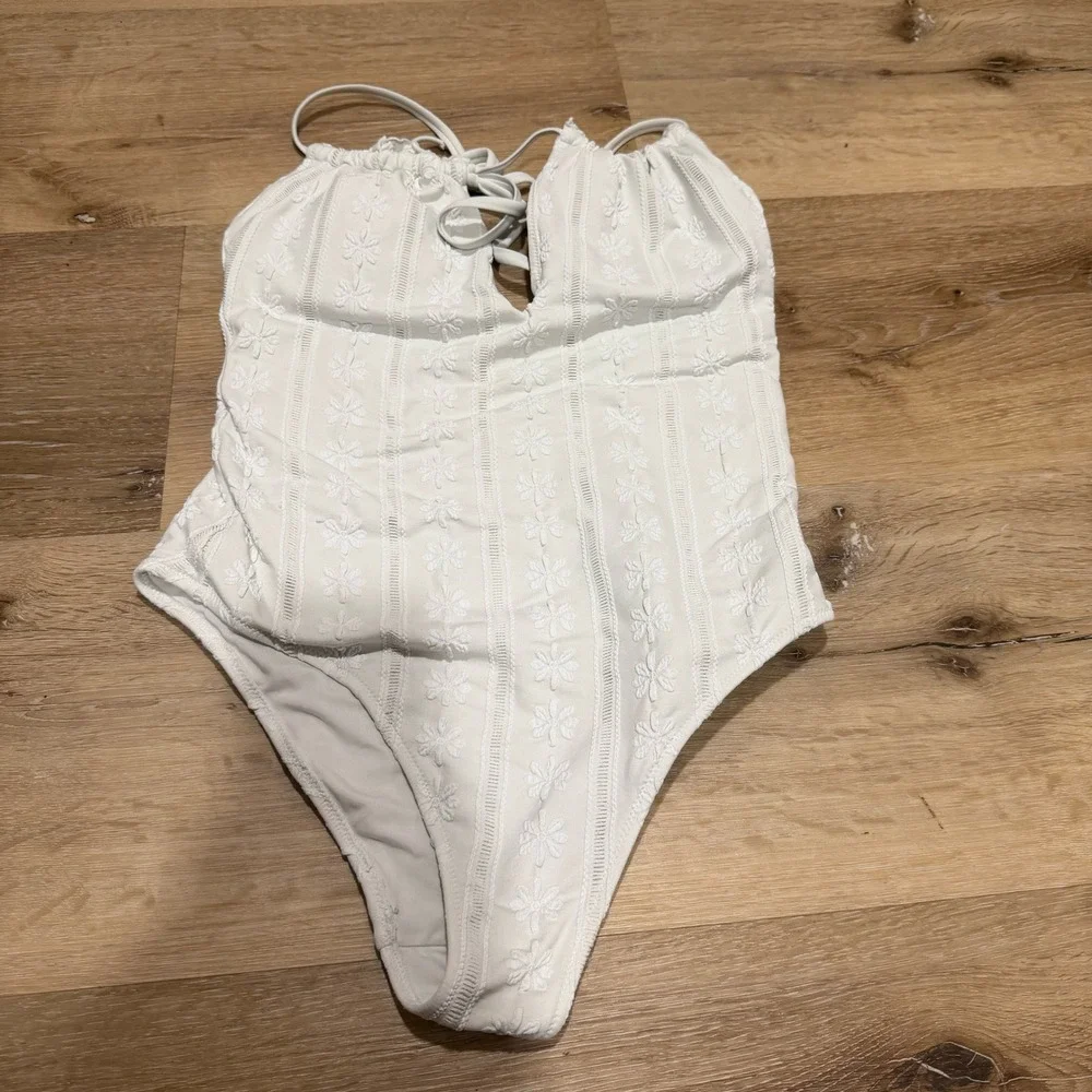 aerie White One-Piece Swimsuit with Embroidered Floral Detail medium long